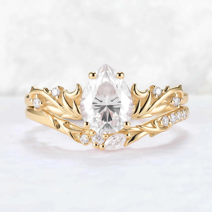 Nature Inspired Pear Cut Moissanite Tender Young Leaves and Moon Ring Set 2pcs