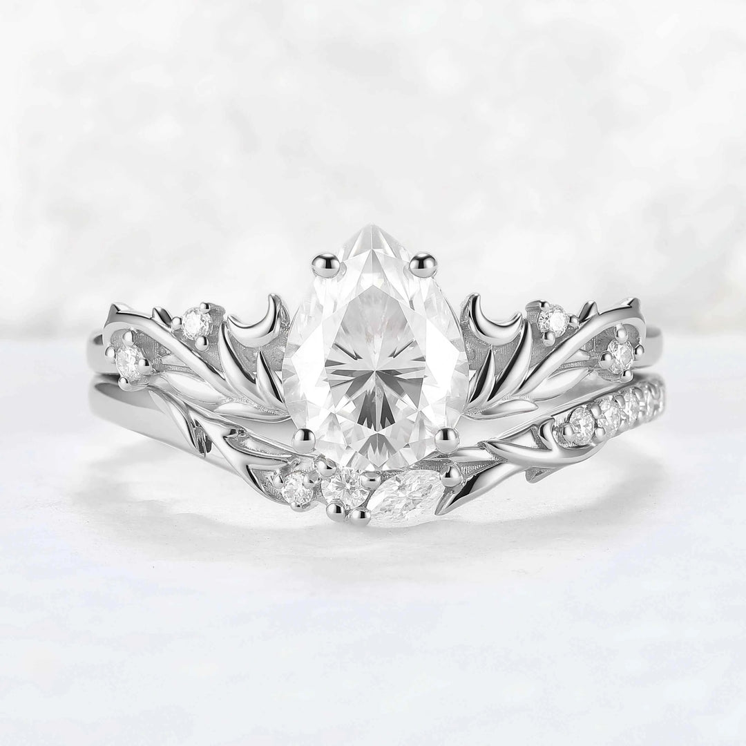 Nature Inspired Pear Cut Moissanite Tender Young Leaves and Moon Ring Set 2pcs