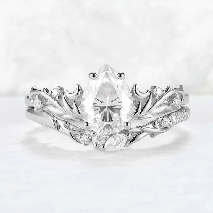 Nature Inspired Pear Cut Moissanite Tender Young Leaves and Moon Ring Set 2pcs