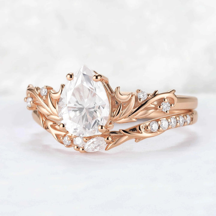 Nature Inspired Pear Cut Moissanite Tender Young Leaves and Moon Ring Set 2pcs