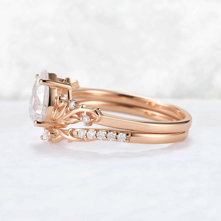 Nature Inspired Pear Cut Moissanite Tender Young Leaves and Moon Ring Set 2pcs