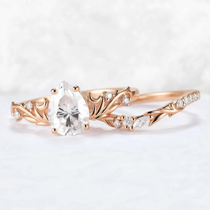 Nature Inspired Pear Cut Moissanite Tender Young Leaves and Moon Ring Set 2pcs