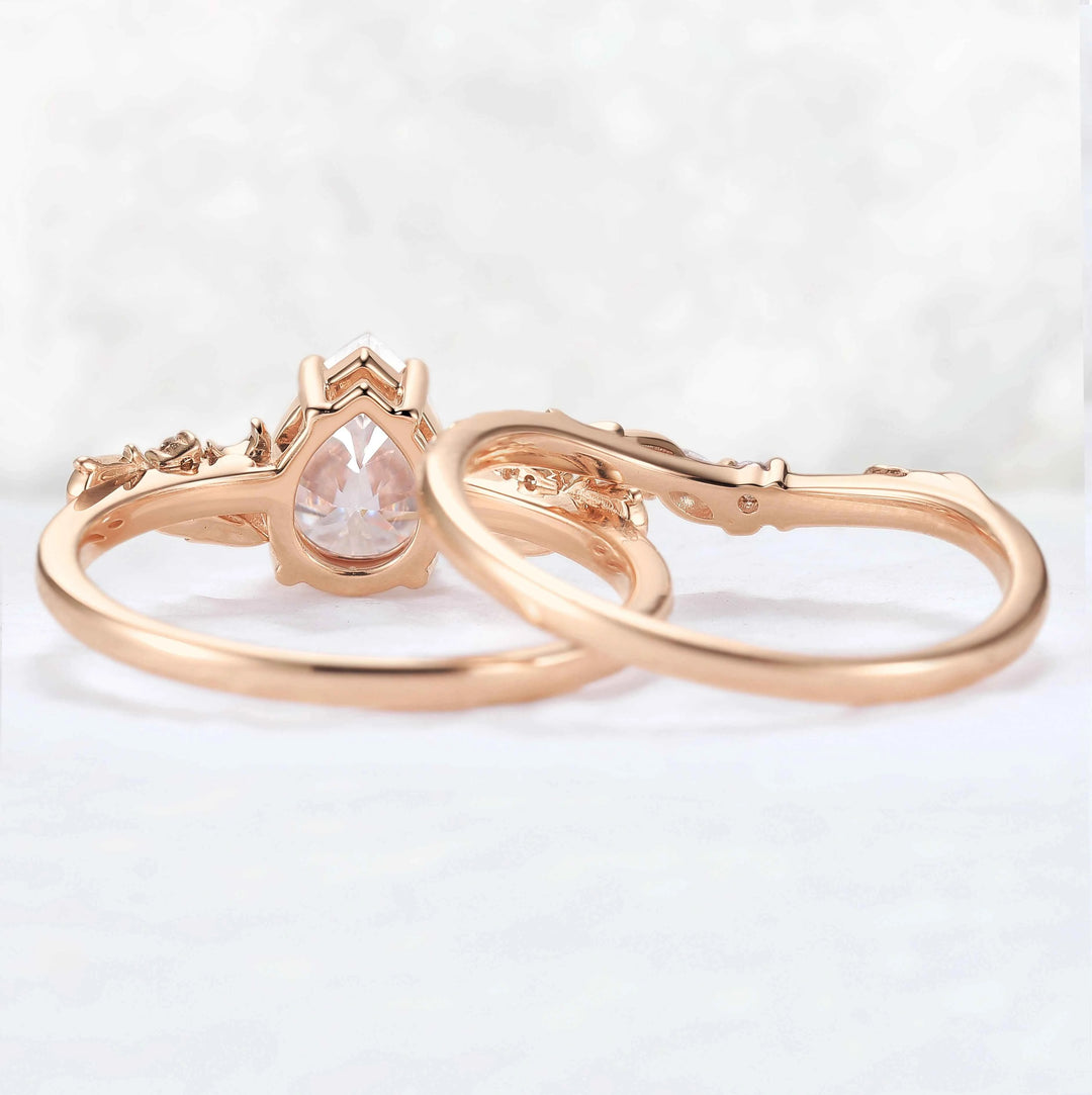 Nature Inspired Pear Cut Moissanite Tender Young Leaves and Moon Ring Set 2pcs