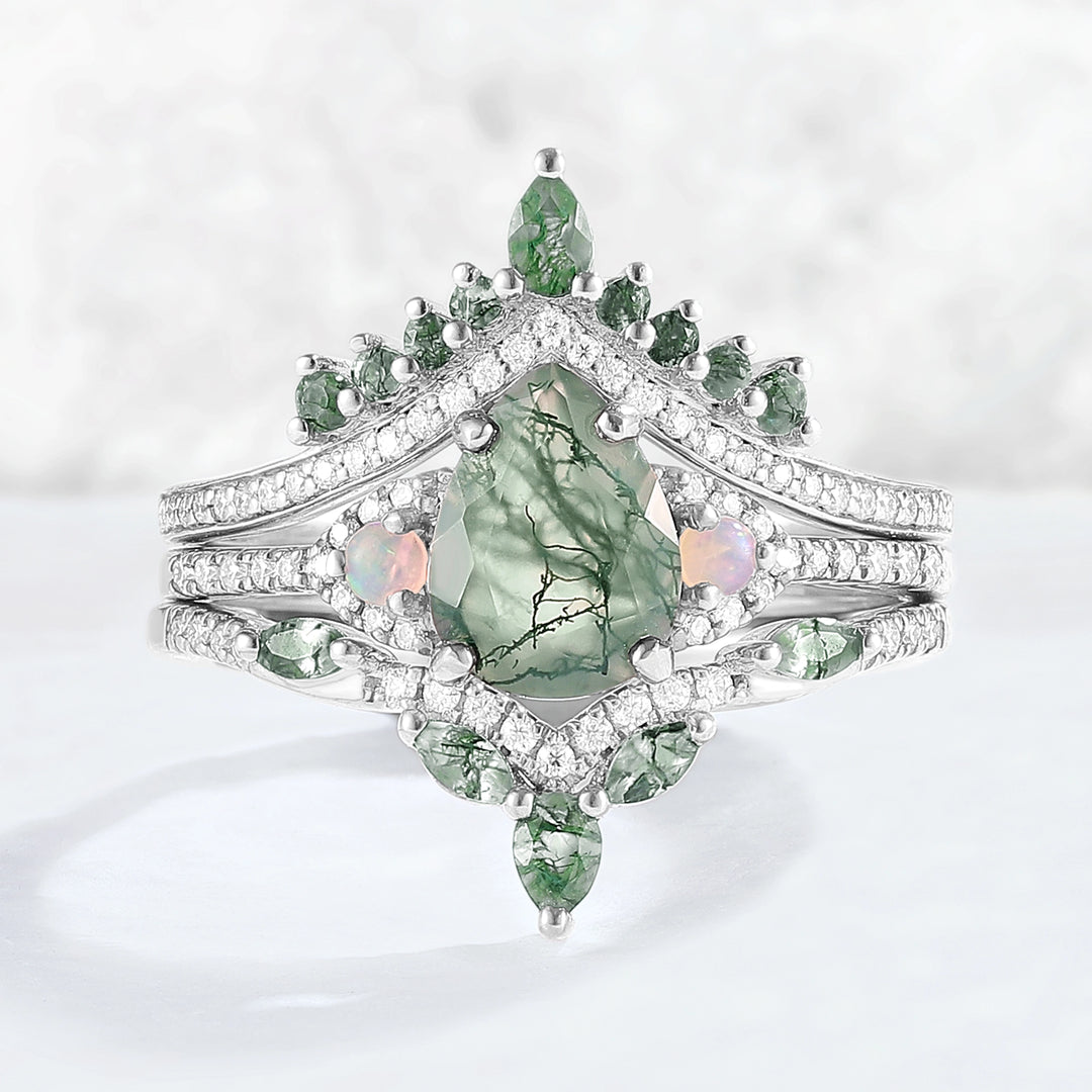 Nature Inspired Pear Cut Moss Agate Half Eternity Gemstone Ring Set 3pcs