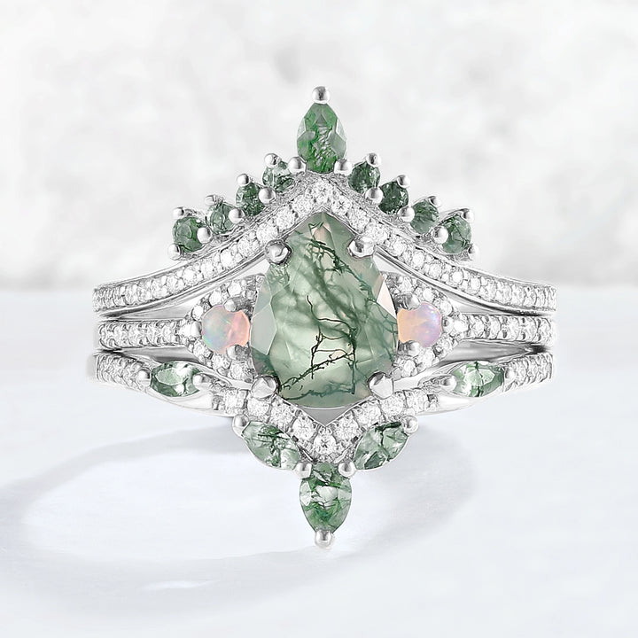 Nature Inspired Pear Cut Moss Agate Half Eternity Gemstone Ring Set 3pcs