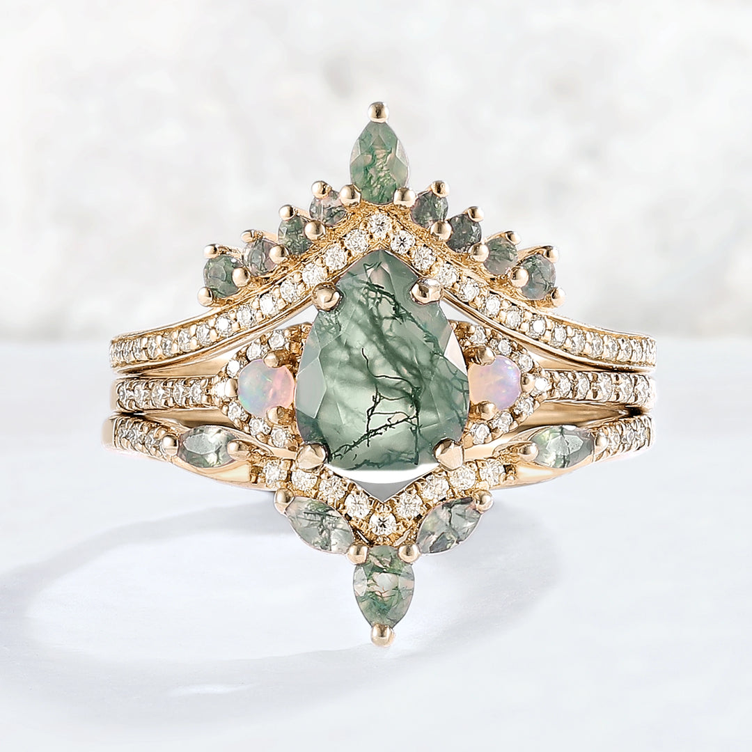 Nature Inspired Pear Cut Moss Agate Half Eternity Gemstone Ring Set 3pcs