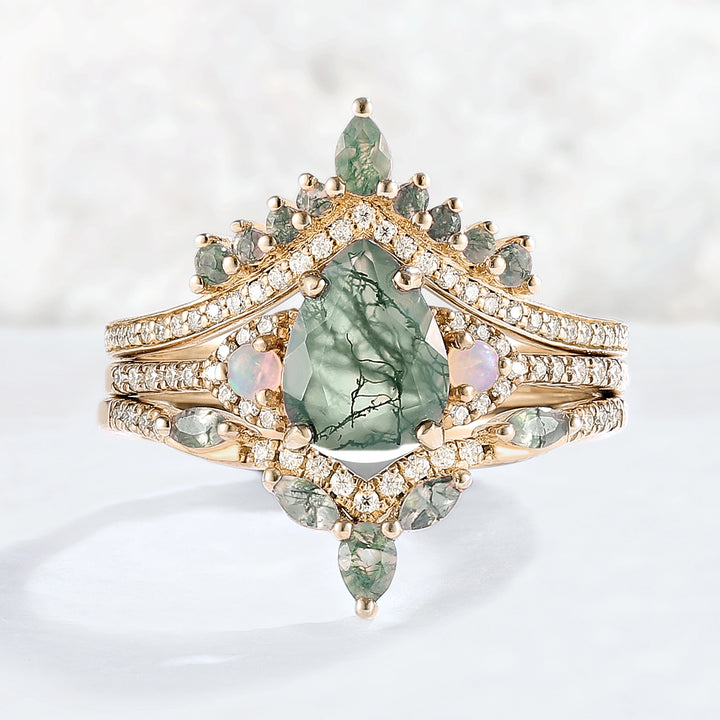 Nature Inspired Pear Cut Moss Agate Half Eternity Gemstone Ring Set 3pcs