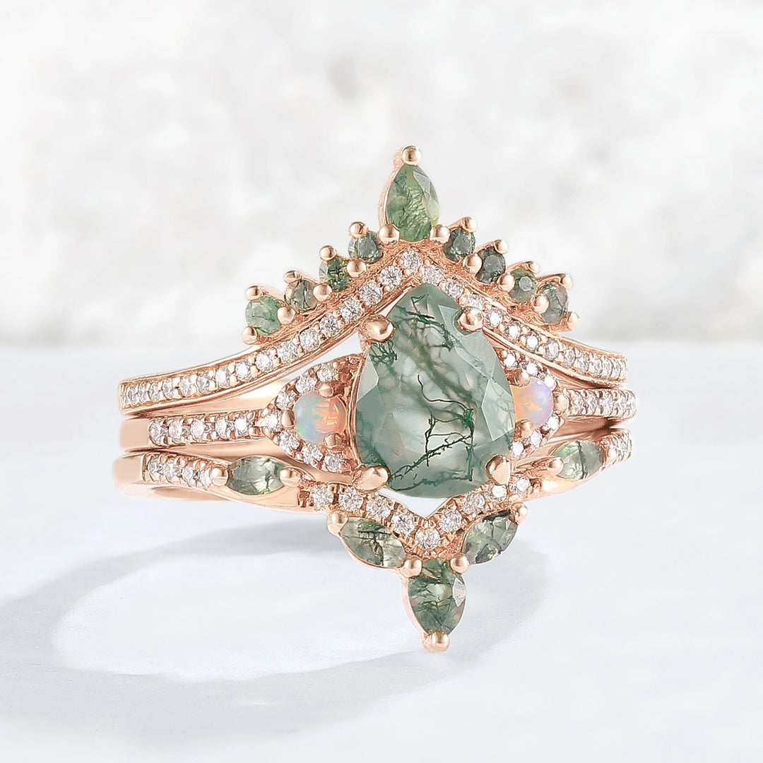 Nature Inspired Pear Cut Moss Agate Half Eternity Gemstone Ring Set 3pcs