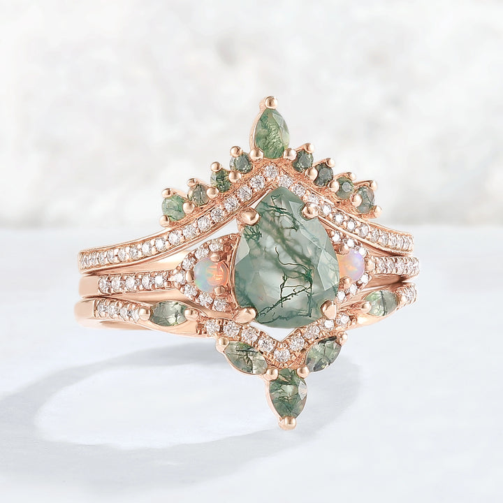 Nature Inspired Pear Cut Moss Agate Half Eternity Gemstone Ring Set 3pcs