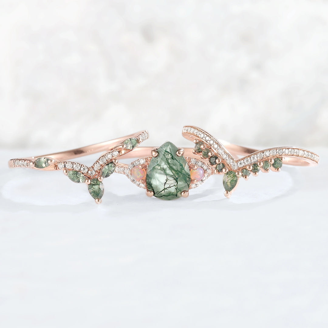 Nature Inspired Pear Cut Moss Agate Half Eternity Gemstone Ring Set 3pcs