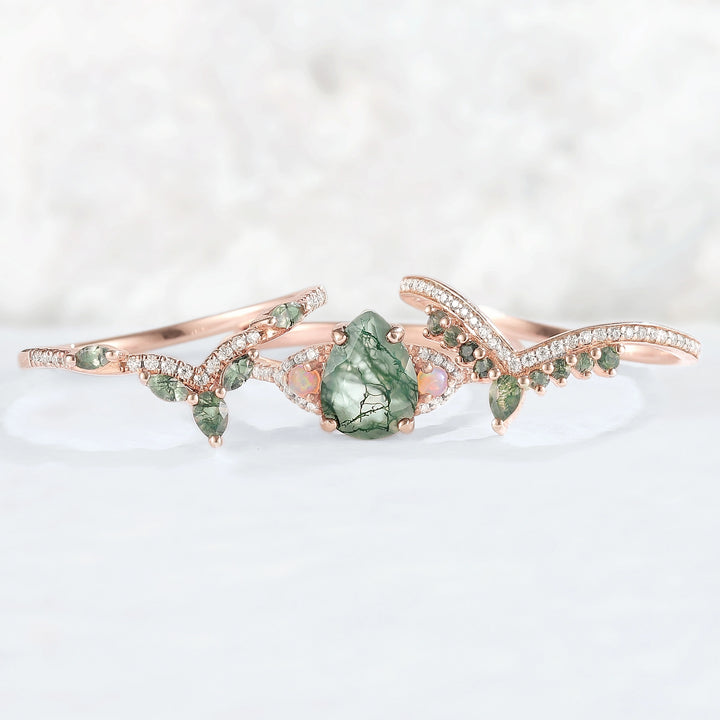 Nature Inspired Pear Cut Moss Agate Half Eternity Gemstone Ring Set 3pcs
