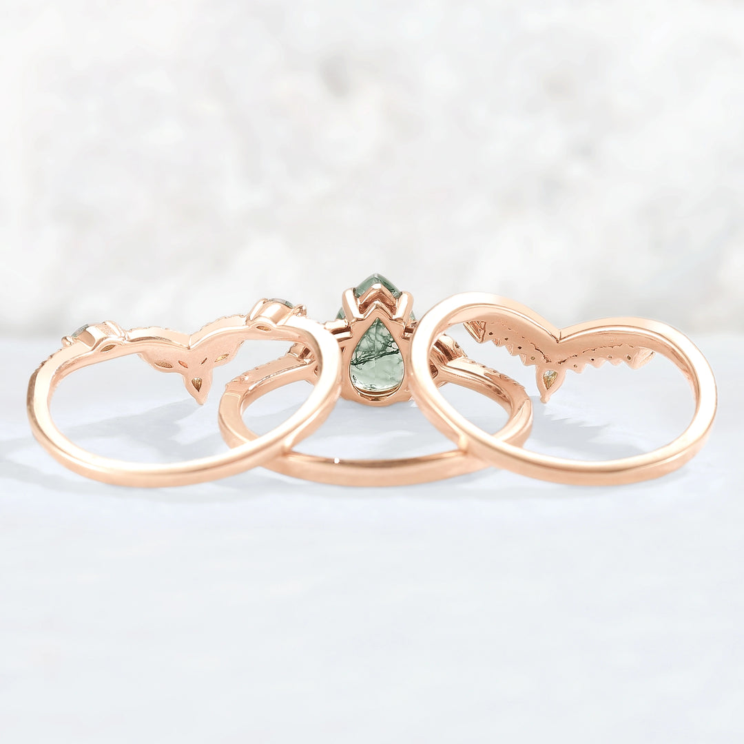 Nature Inspired Pear Cut Moss Agate Half Eternity Gemstone Ring Set 3pcs