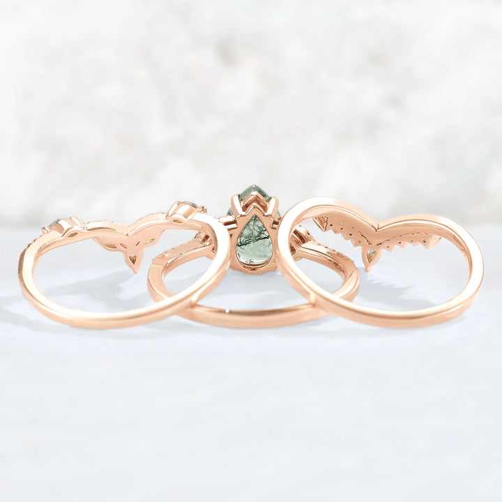 Nature Inspired Pear Cut Moss Agate Half Eternity Gemstone Ring Set 3pcs