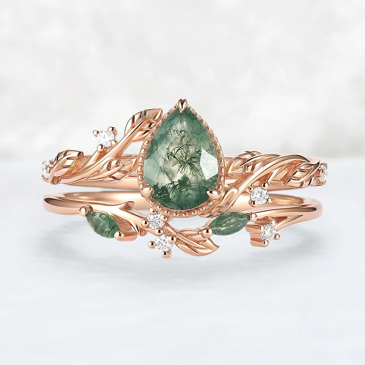 Nature Inspired Pear Cut Moss Agate Leaf Engagement Ring Set 2pcs