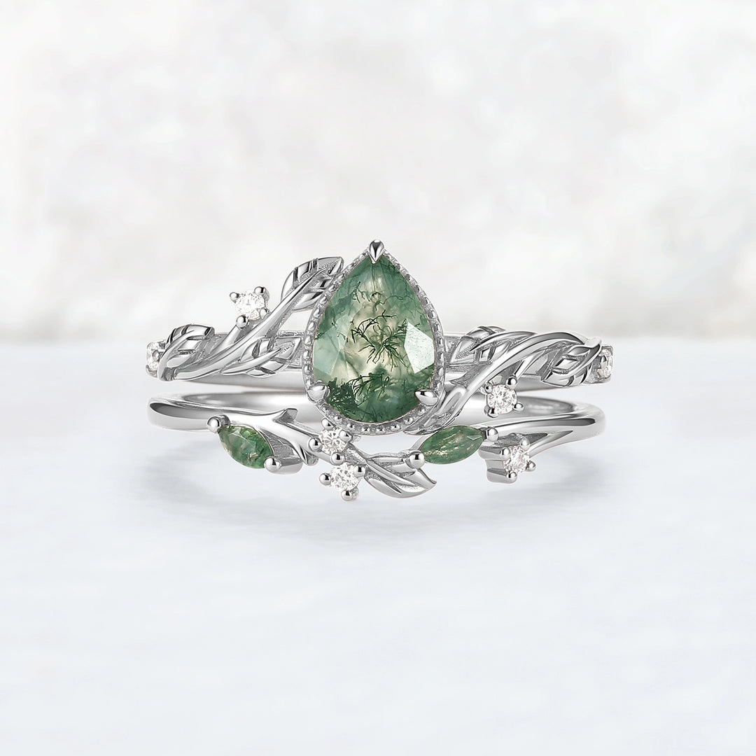 Nature Inspired Pear Cut Moss Agate Leaf Engagement Ring Set 2pcs