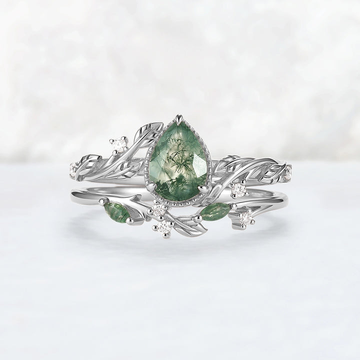Nature Inspired Pear Cut Moss Agate Leaf Engagement Ring Set 2pcs