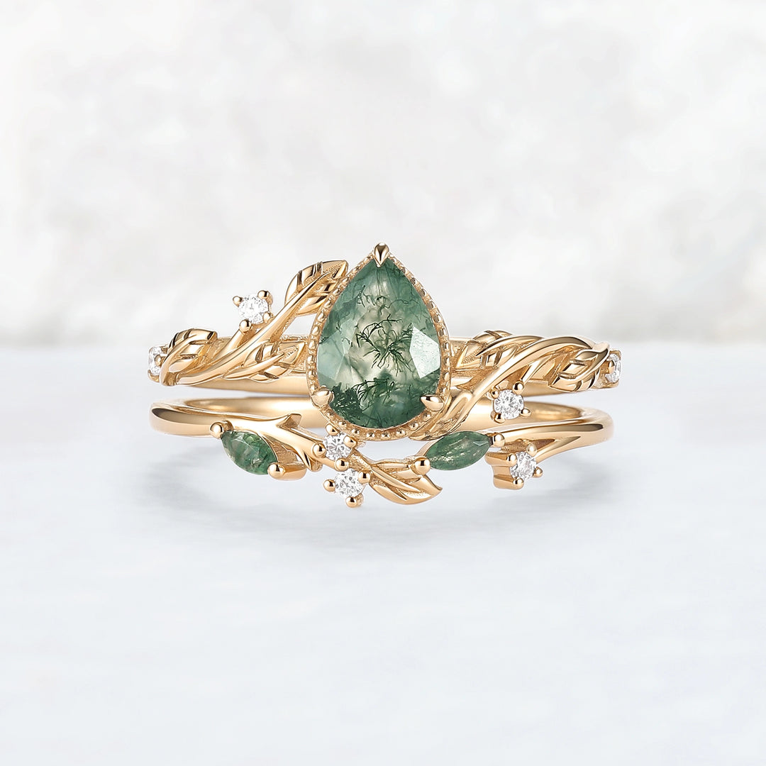 Nature Inspired Pear Cut Moss Agate Leaf Engagement Ring Set 2pcs