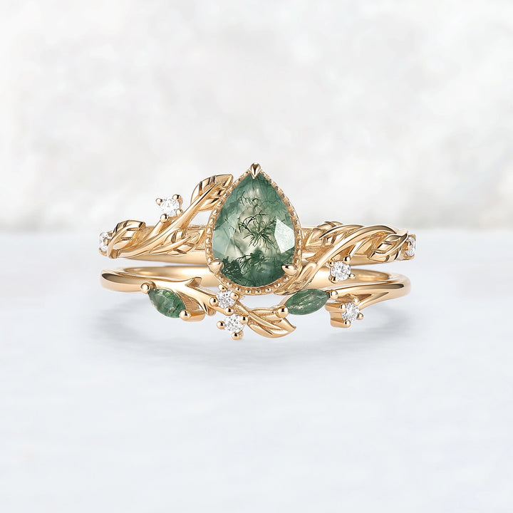 Nature Inspired Pear Cut Moss Agate Leaf Engagement Ring Set 2pcs