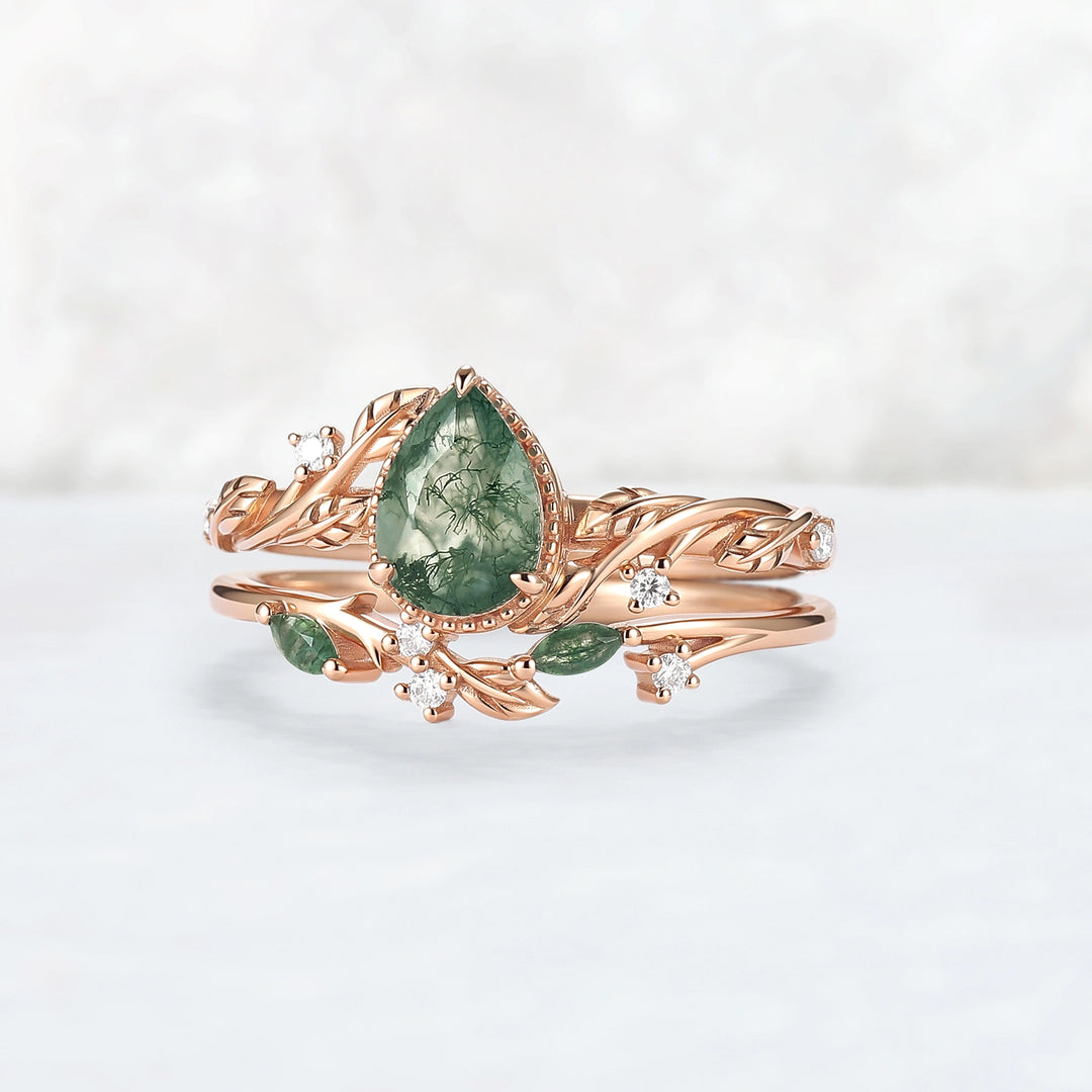 Nature Inspired Pear Cut Moss Agate Leaf Engagement Ring Set 2pcs