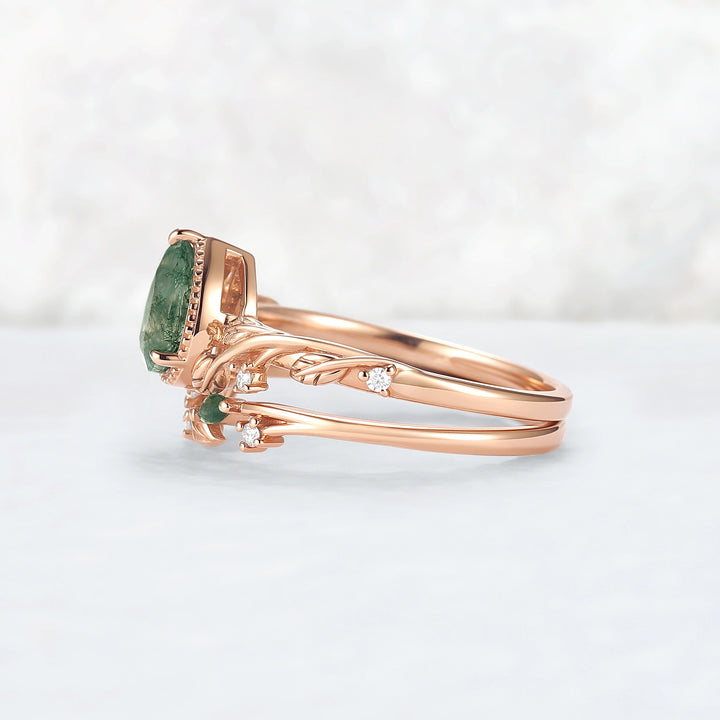 Nature Inspired Pear Cut Moss Agate Leaf Engagement Ring Set 2pcs