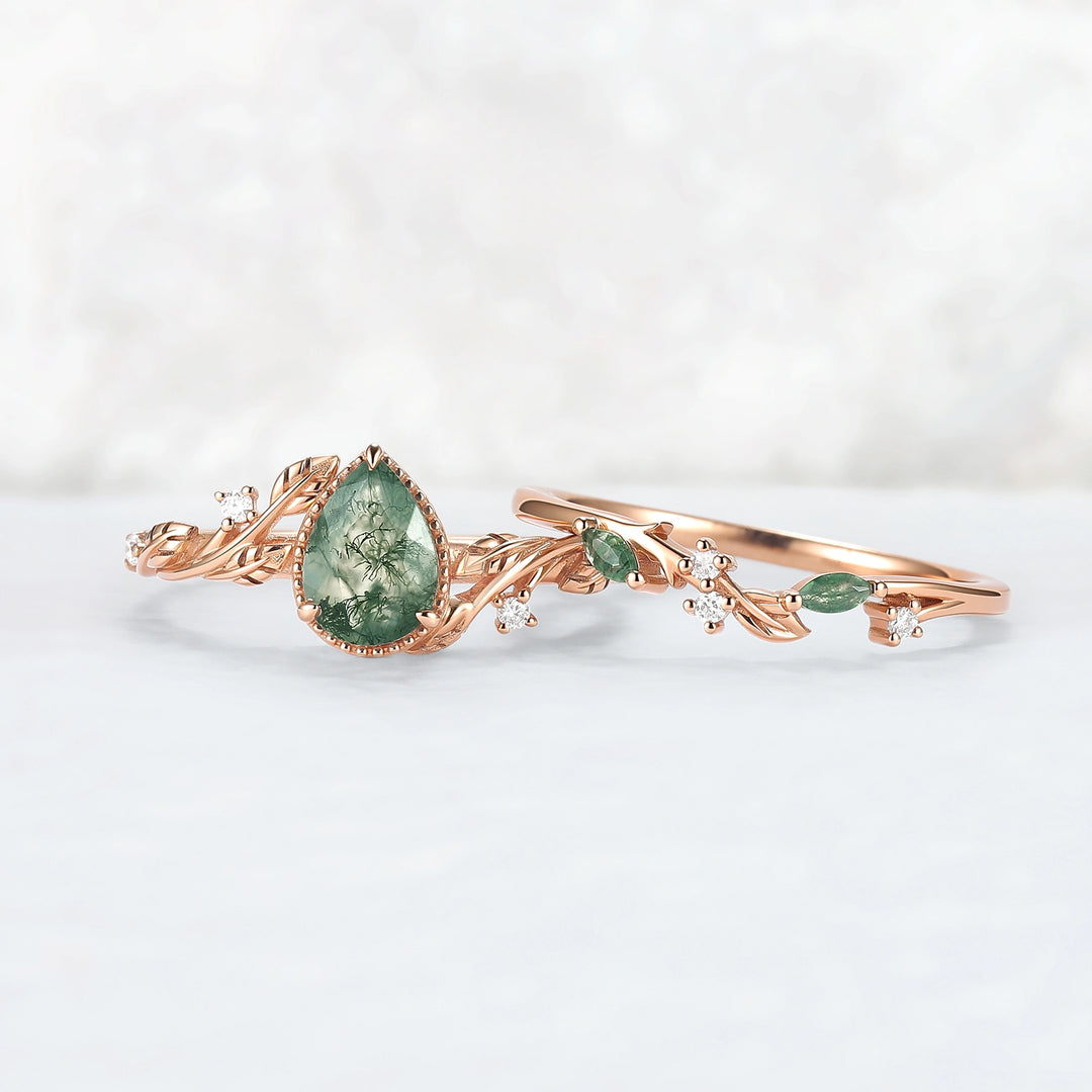 Nature Inspired Pear Cut Moss Agate Leaf Engagement Ring Set 2pcs