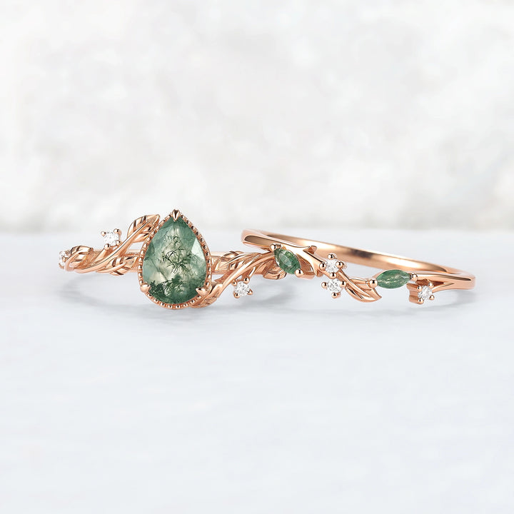 Nature Inspired Pear Cut Moss Agate Leaf Engagement Ring Set 2pcs