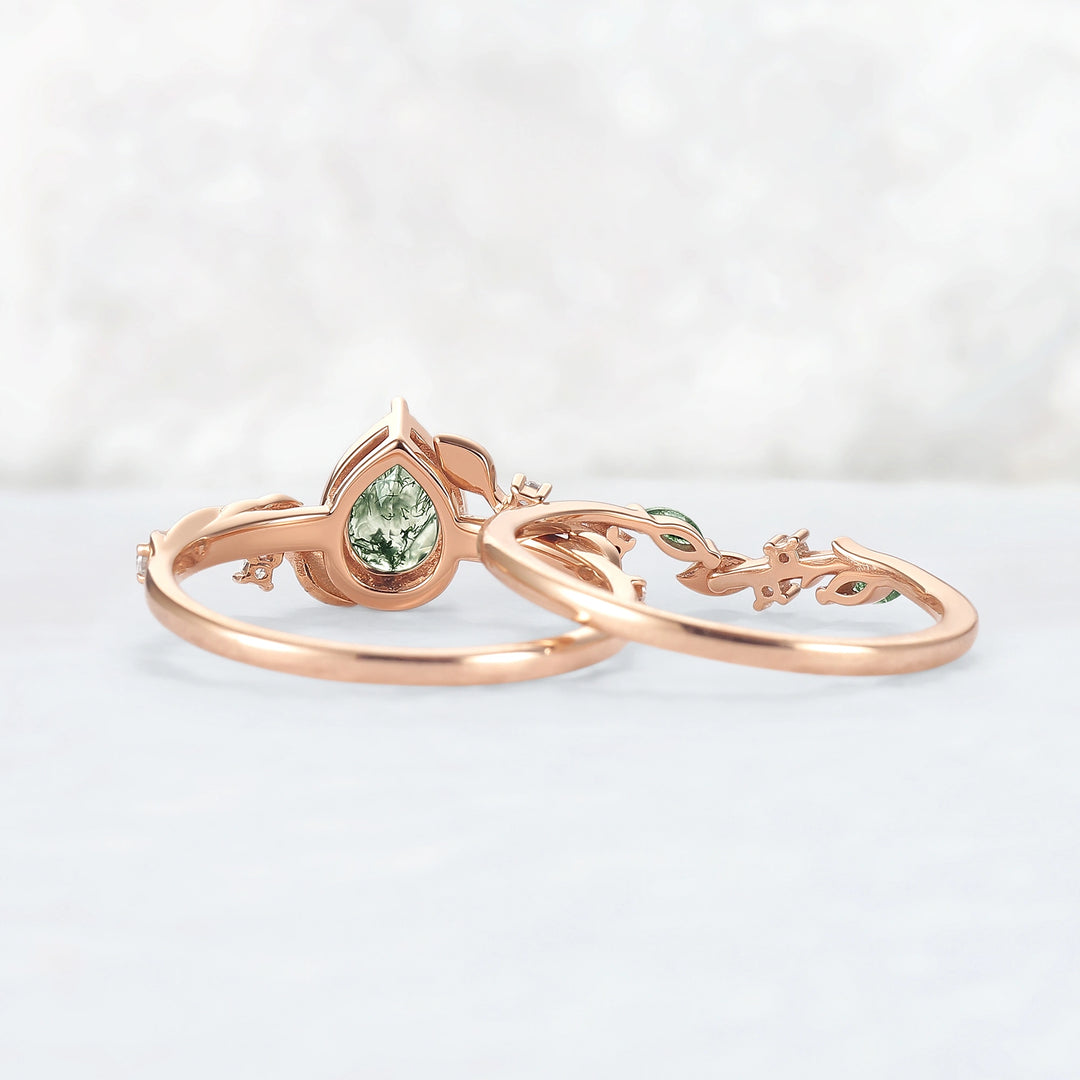 Nature Inspired Pear Cut Moss Agate Leaf Engagement Ring Set 2pcs