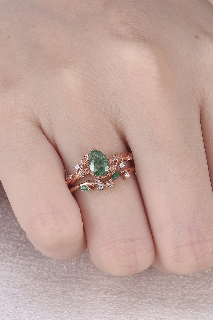 Nature Inspired Pear Cut Moss Agate Leaf Engagement Ring Set 2pcs