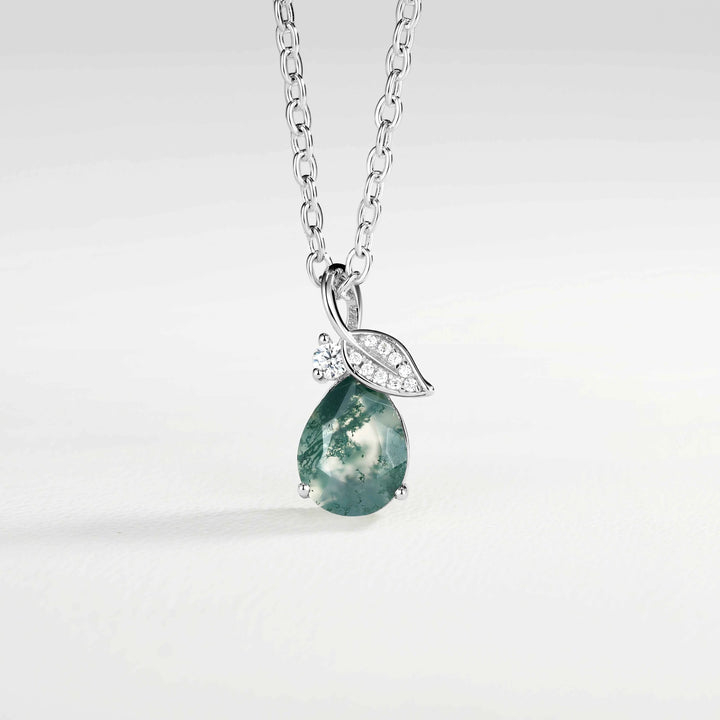 Nature Inspired Pear Cut Moss Agate Leafy Pendant - Ready to Ship