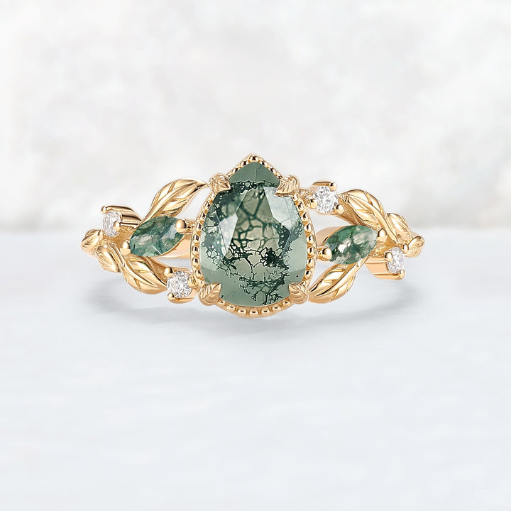 Nature Inspired Pear Cut Moss Agate Leafy and Buds Gemstone Ring