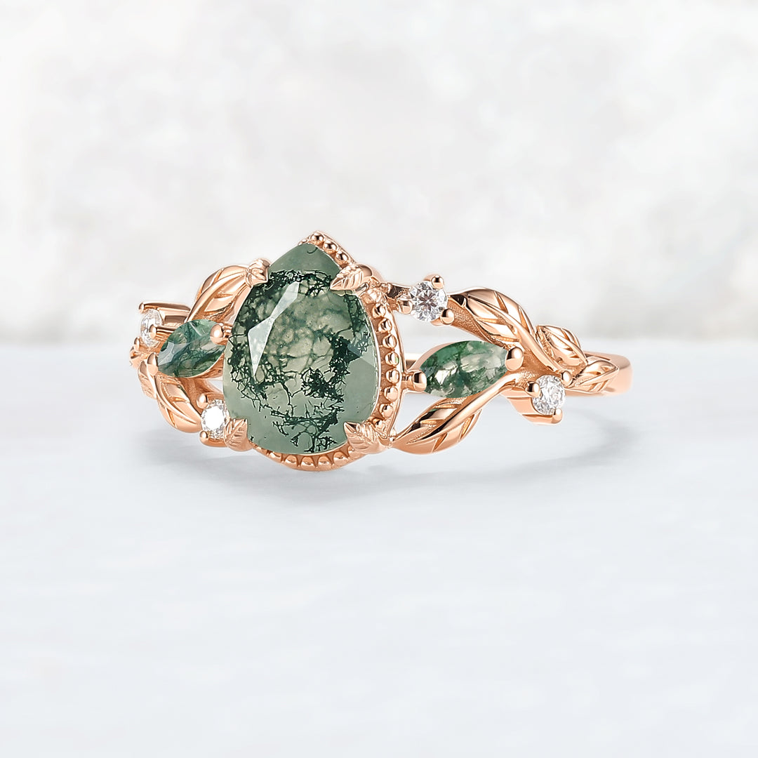 Nature Inspired Pear Cut Moss Agate Leafy and Buds Gemstone Ring
