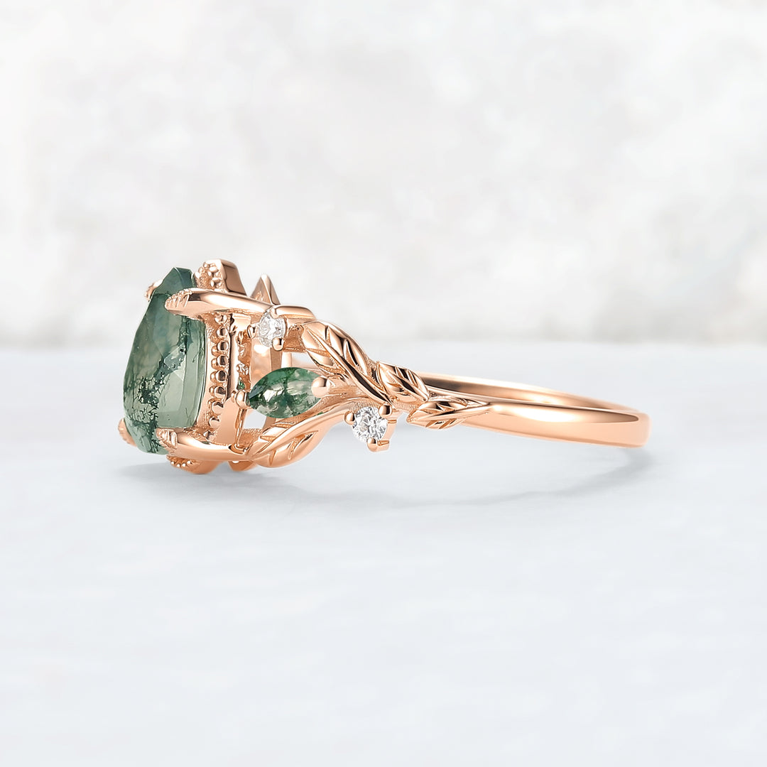 Nature Inspired Pear Cut Moss Agate Leafy and Buds Gemstone Ring