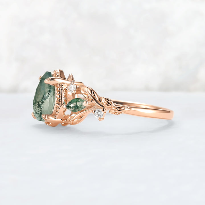 Nature Inspired Pear Cut Moss Agate Leafy and Buds Gemstone Ring