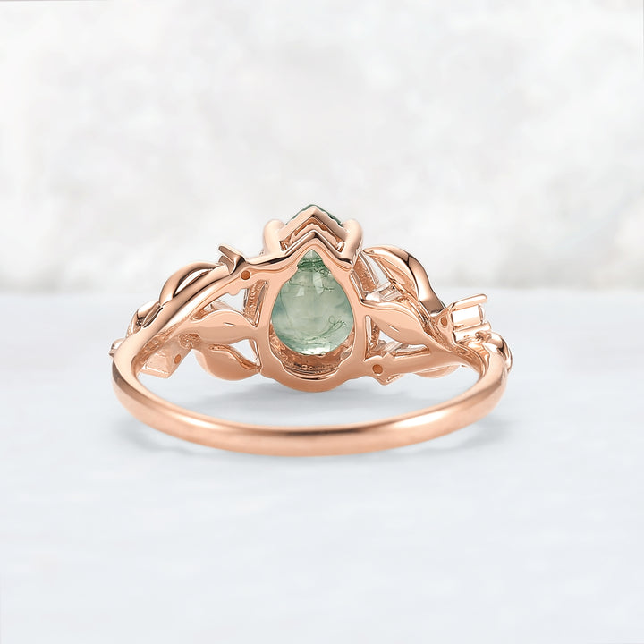 Nature Inspired Pear Cut Moss Agate Leafy and Buds Gemstone Ring