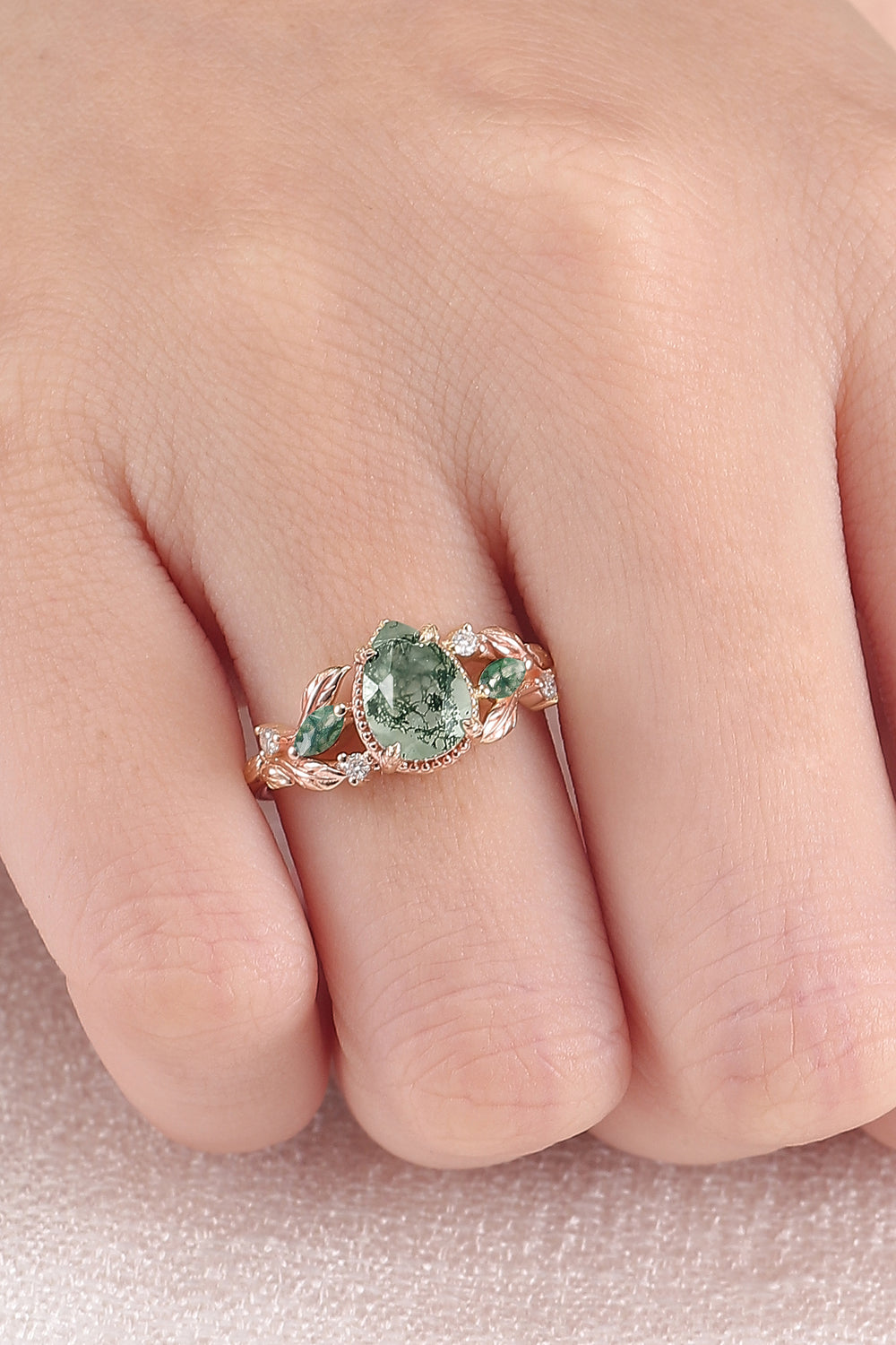 Nature Inspired Pear Cut Moss Agate Leafy and Buds Gemstone Ring