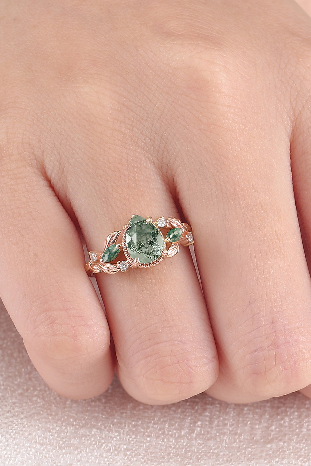 Nature Inspired Pear Cut Moss Agate Leafy and Buds Gemstone Ring