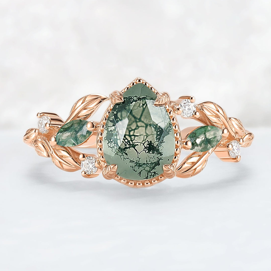 Nature Inspired Pear Cut Moss Agate Leafy and Buds Gemstone Ring
