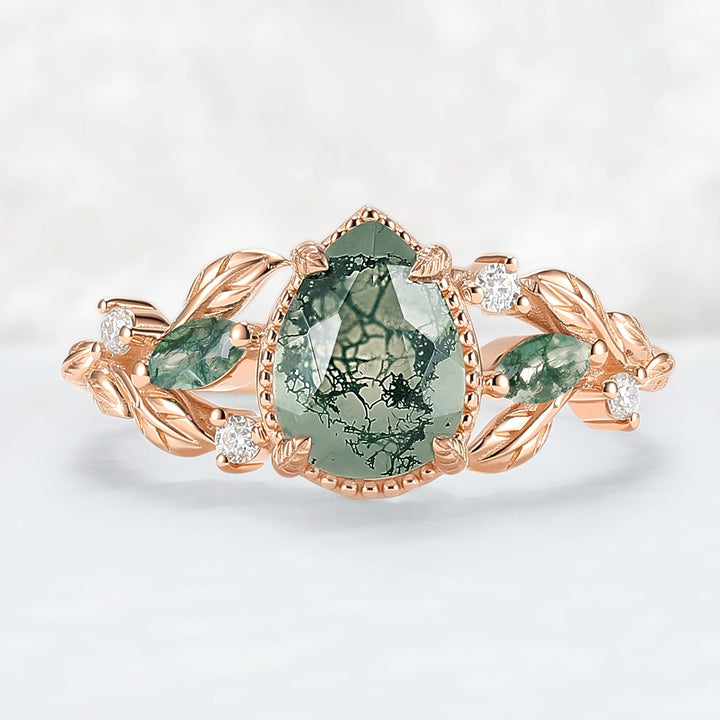 Nature Inspired Pear Cut Moss Agate Leafy and Buds Gemstone Ring