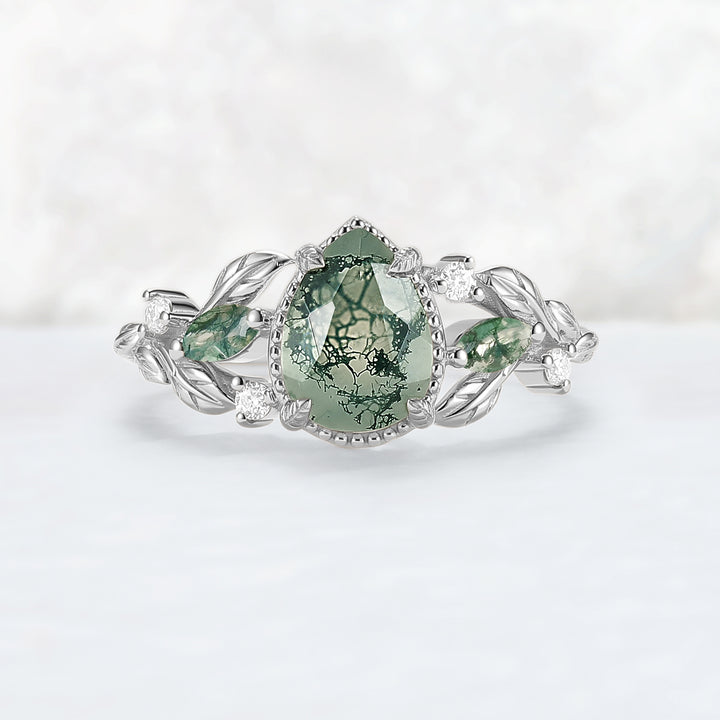 Nature Inspired Pear Cut Moss Agate Leafy and Buds Gemstone Ring