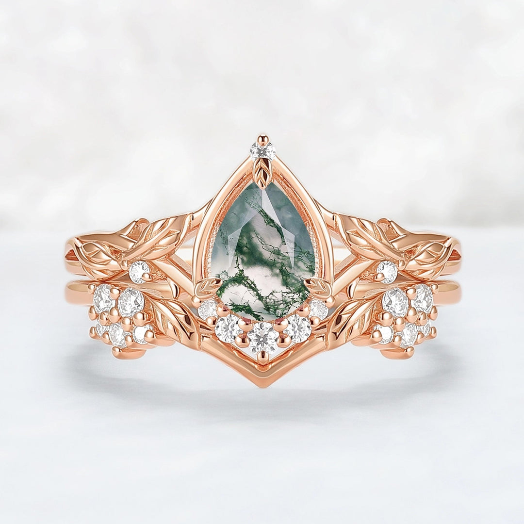 Nature Inspired Pear Cut Moss Agate Leaves Gemstone Ring Set 2pcs