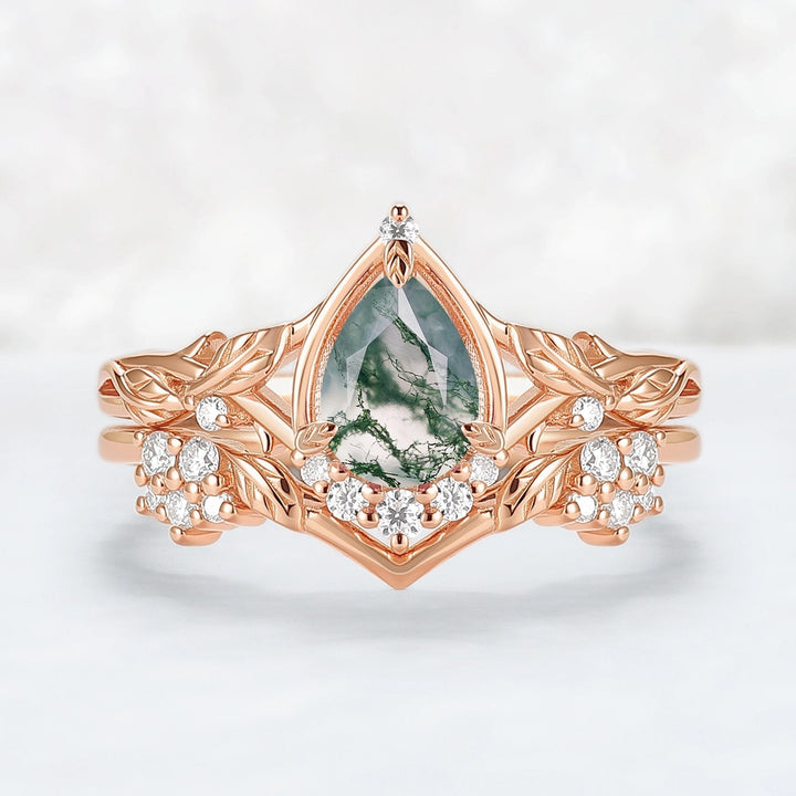 Nature Inspired Pear Cut Moss Agate Leaves Gemstone Ring Set 2pcs