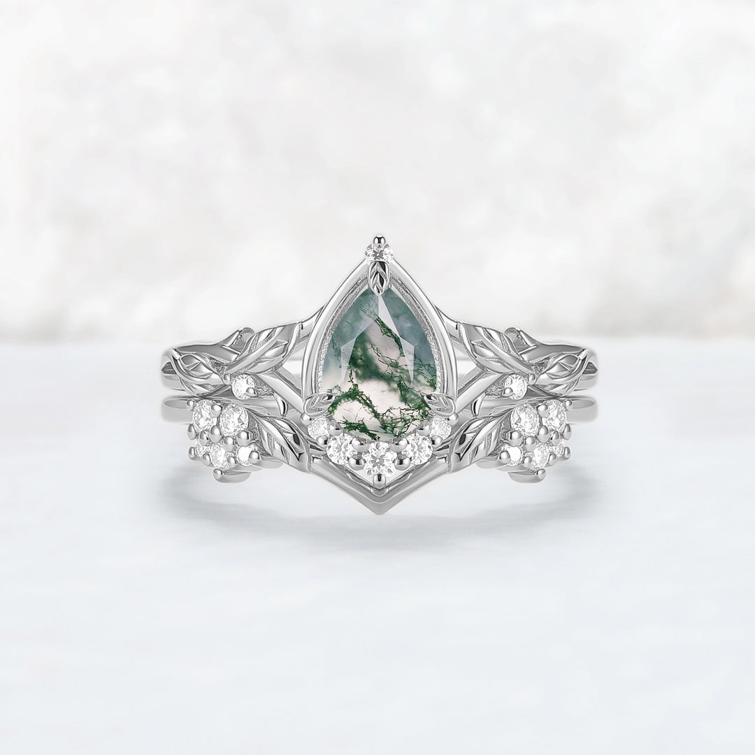 Nature Inspired Pear Cut Moss Agate Leaves Gemstone Ring Set 2pcs