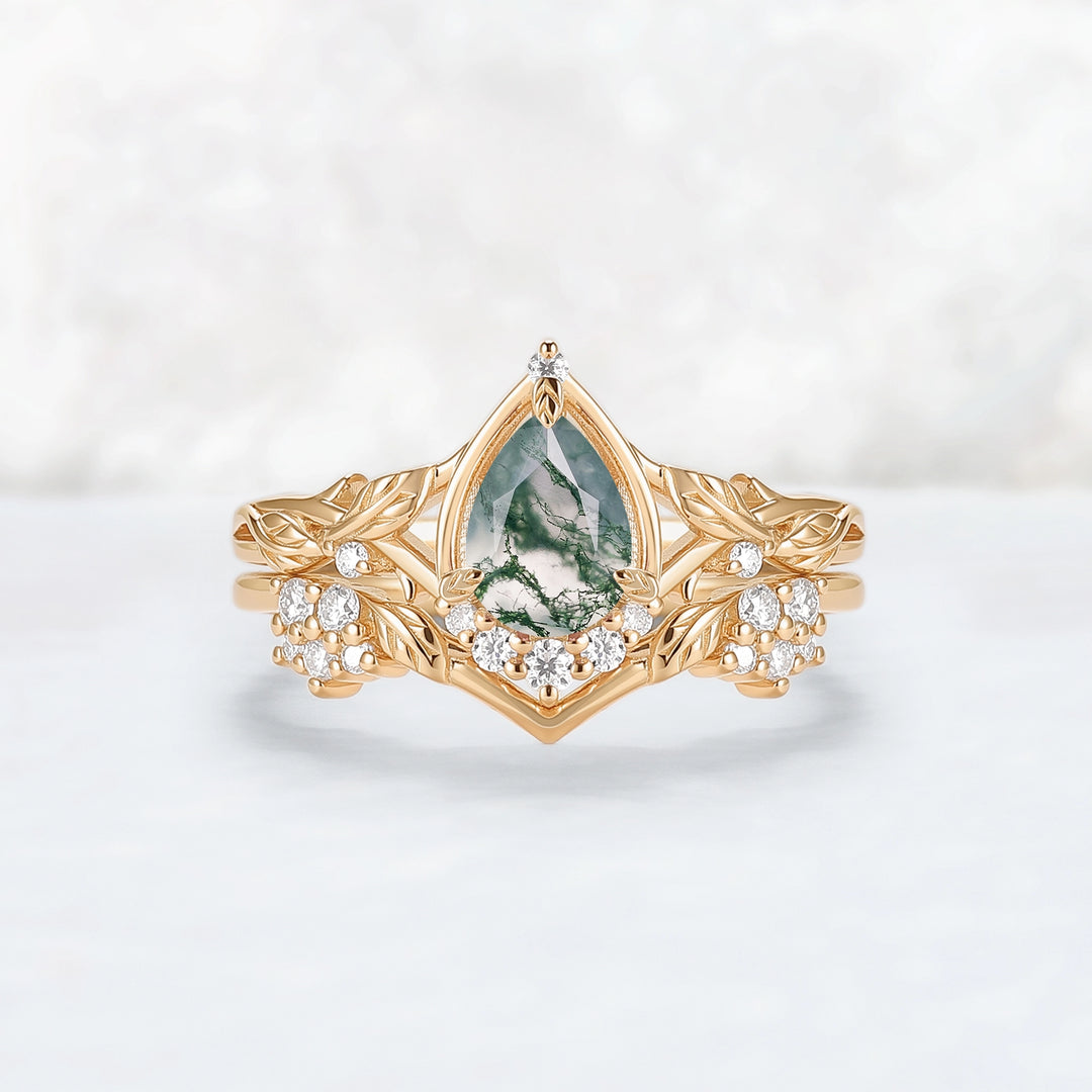 Nature Inspired Pear Cut Moss Agate Leaves Gemstone Ring Set 2pcs