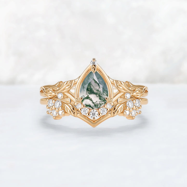 Nature Inspired Pear Cut Moss Agate Leaves Gemstone Ring Set 2pcs