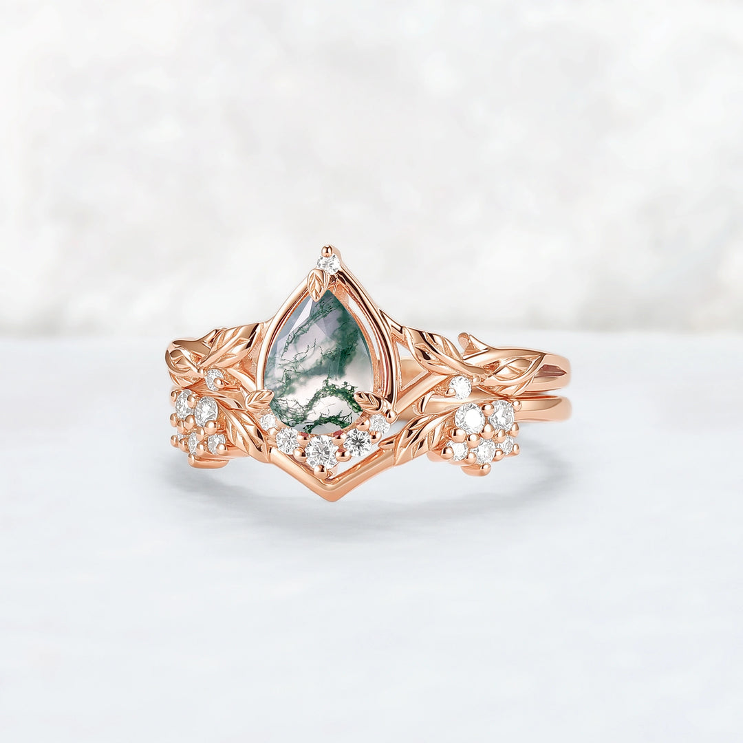 Nature Inspired Pear Cut Moss Agate Leaves Gemstone Ring Set 2pcs