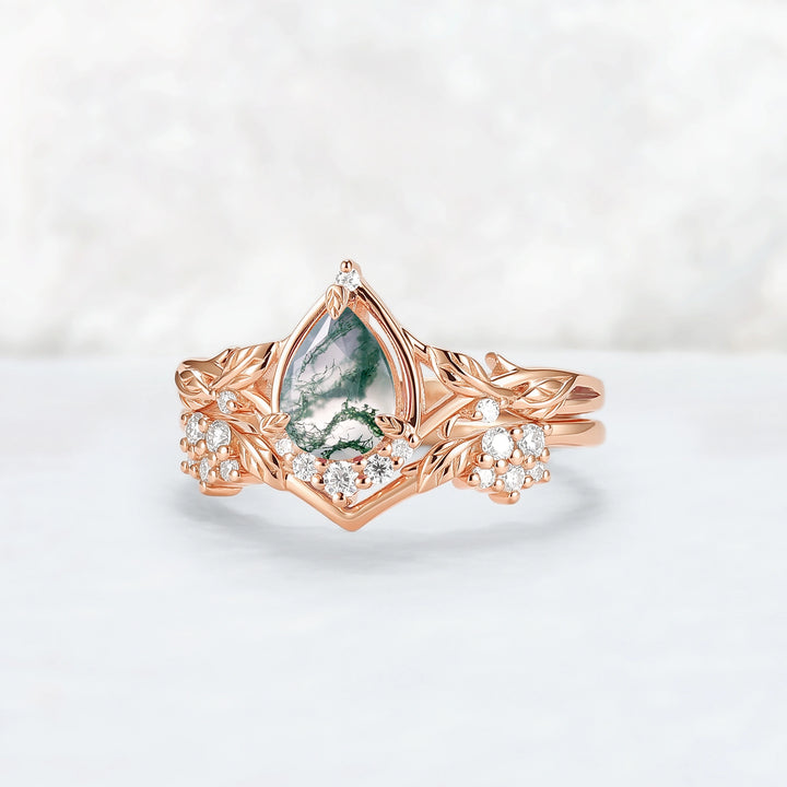 Nature Inspired Pear Cut Moss Agate Leaves Gemstone Ring Set 2pcs