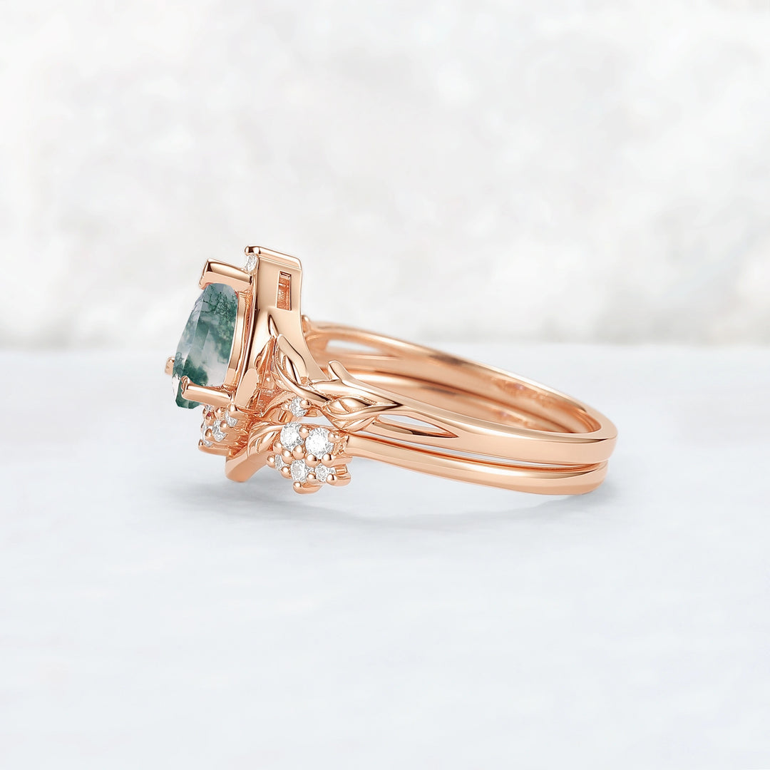Nature Inspired Pear Cut Moss Agate Leaves Gemstone Ring Set 2pcs