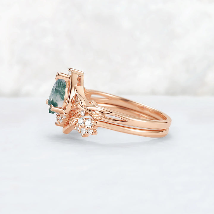 Nature Inspired Pear Cut Moss Agate Leaves Gemstone Ring Set 2pcs