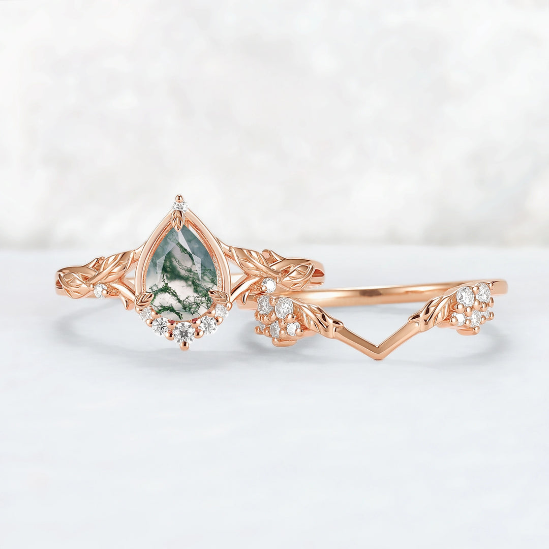 Nature Inspired Pear Cut Moss Agate Leaves Gemstone Ring Set 2pcs