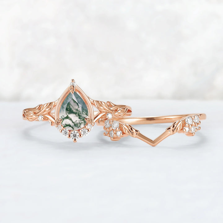 Nature Inspired Pear Cut Moss Agate Leaves Gemstone Ring Set 2pcs